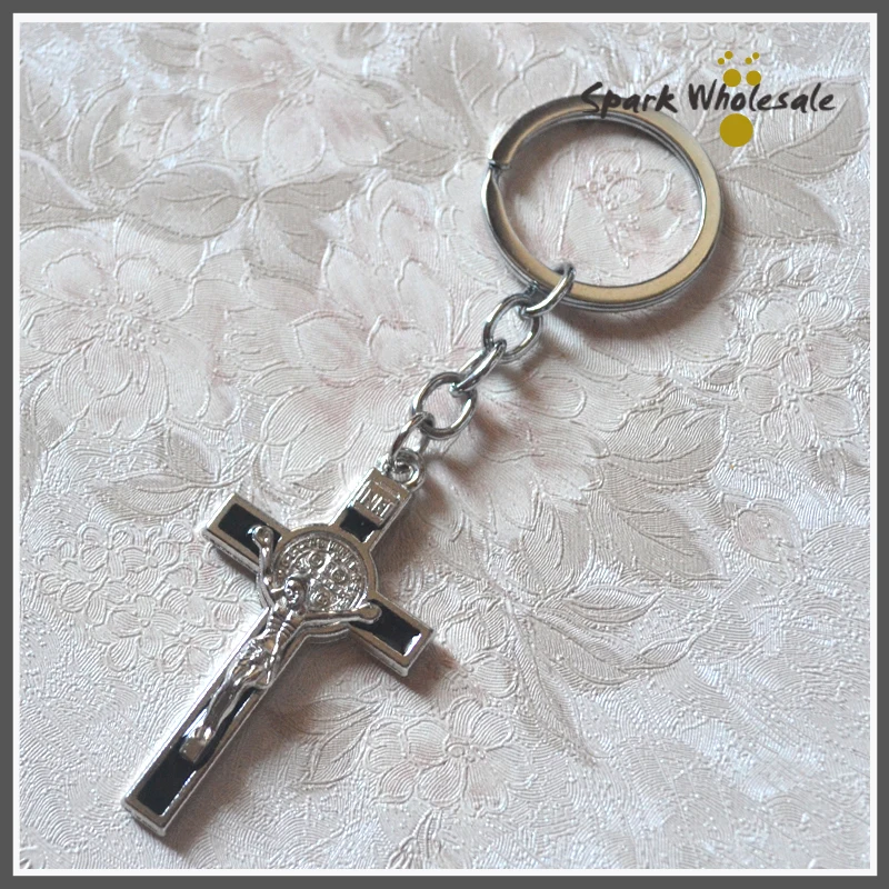 25pcs/lot Wholesale Black Enamel St. Benedict Cross Key Chain Catholic