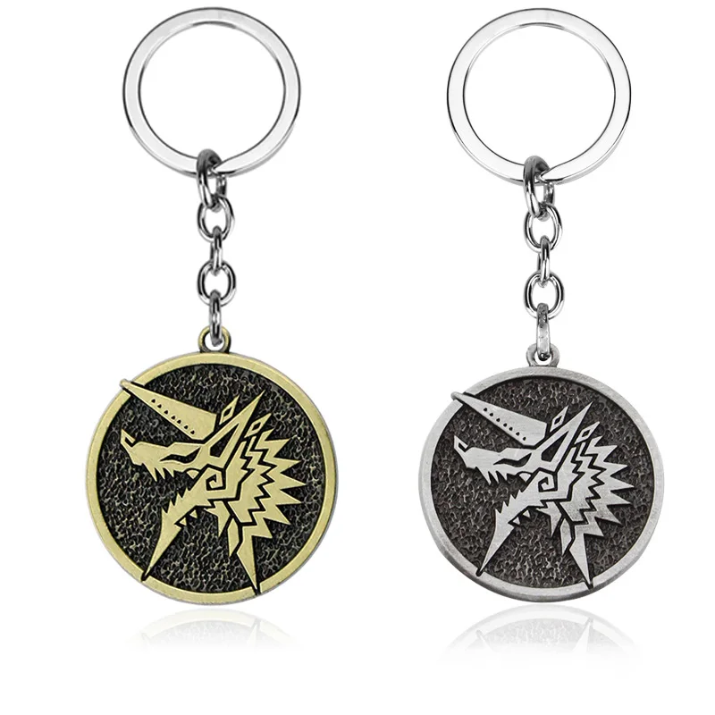 

New Game Monster Hunter World Keychain Wolf Head Logo Key Ring Metal Alloy Key Ring Holder Round Pendants Car Accessories