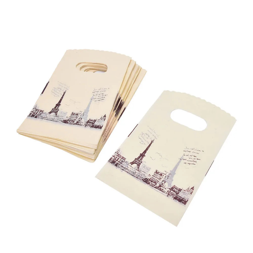 100 개/묶음 플라스틱 쇼핑백 빈티지 옐로우 에펠탑 포장 백 핸들 9x15cm 도매, 노란색 Eiffel Tower