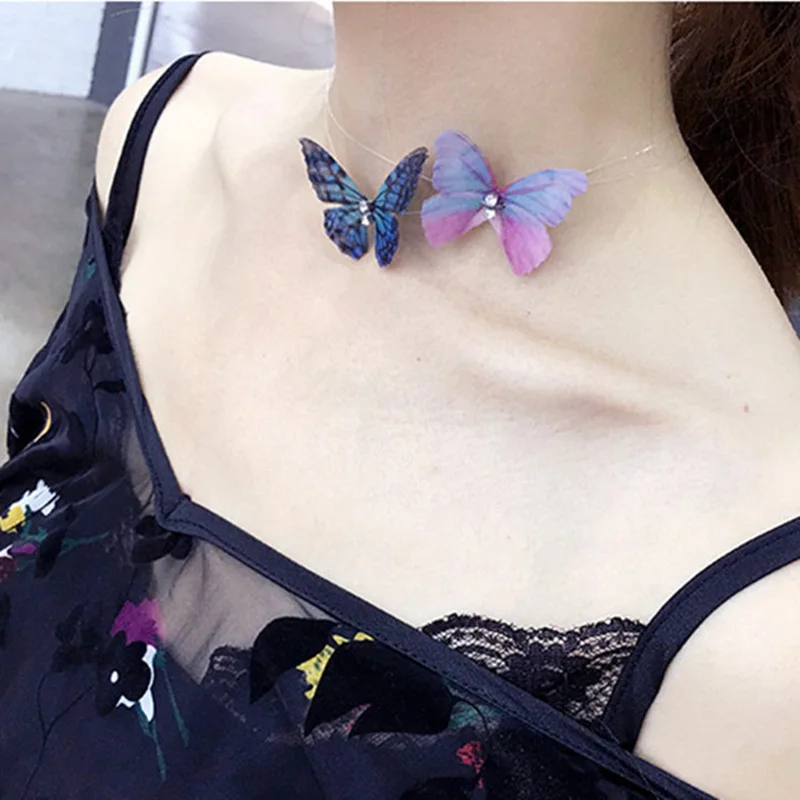 

2019 New Elegant Crystal Colorful 3D Butterfly Chokers Necklace Invisible Fish line Silk Necklaces For Women Charm Gift Jewelry