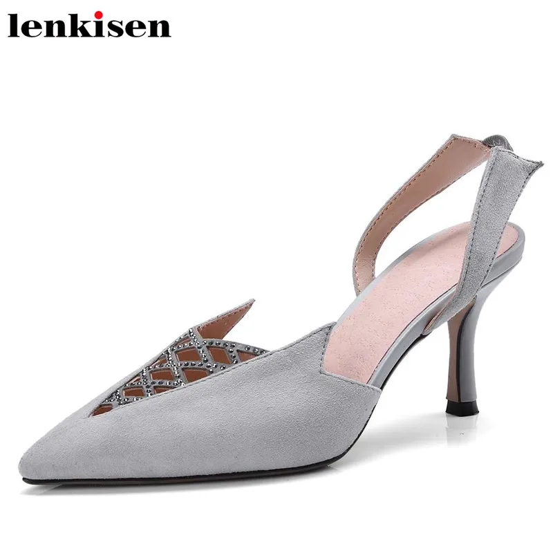 

Lenkisen superstar slingback pointed toe elastic band brand high heels wedding string bead runway office lady women sandals L06