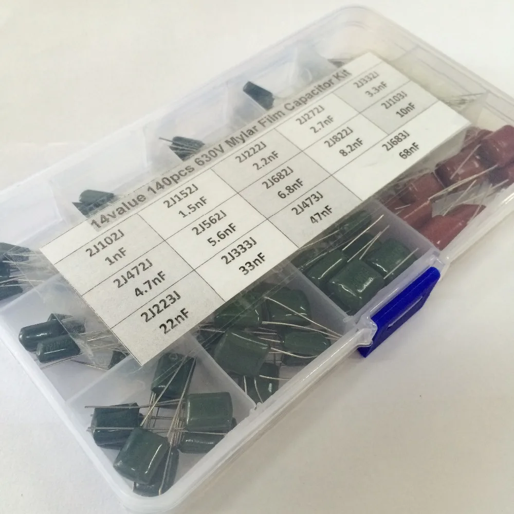 

14Value 140pcs capacitor kit 630V 2J102J to 2J683J Polyester Film capacitor Assorted Kit with electronics storage box