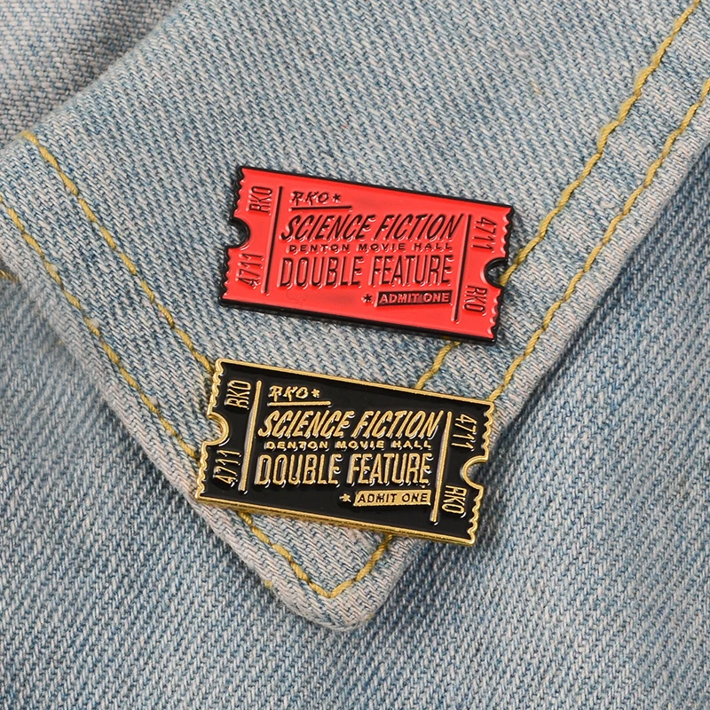

New SCIENCE FICTION DOUBLE FEATURE red black movie ticket brooch rock horror science fiction cinema special brooch