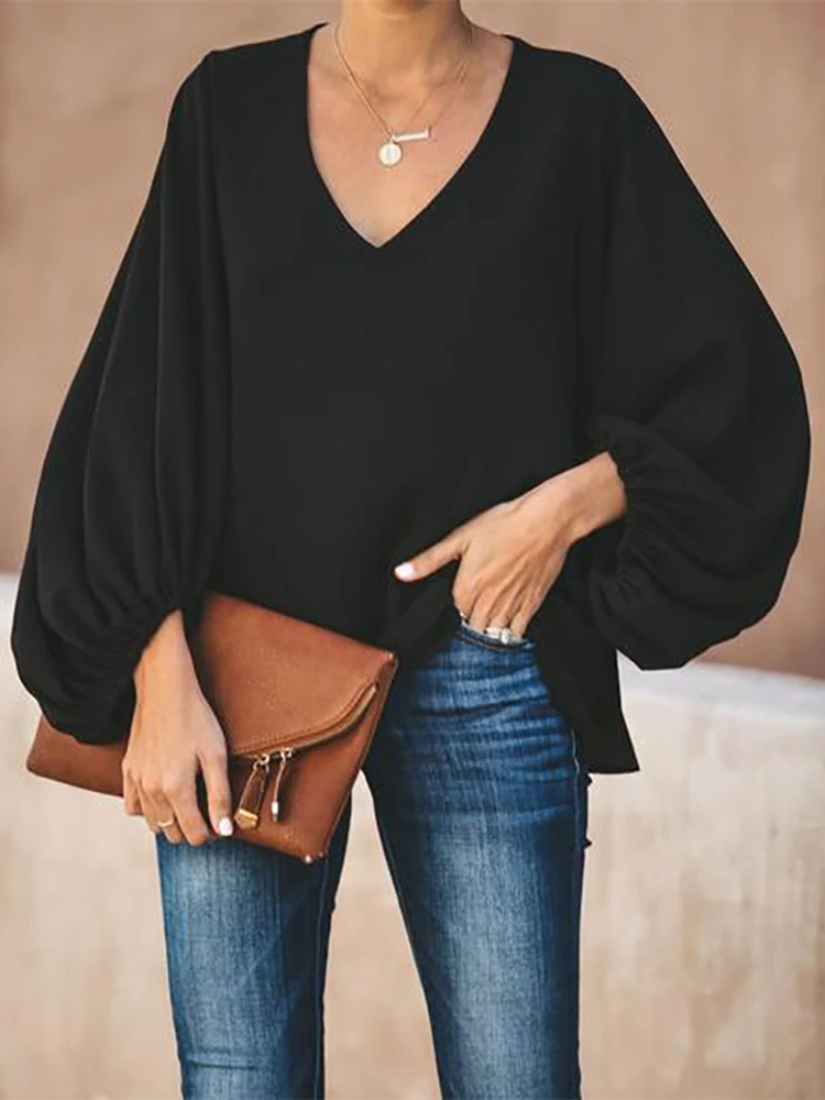 

2019 Summer Women Elegant Solid Casual Basic Top Stylish Shirt Female Plus Size 3XL V Neck Puff Long Sleeve Loose Blouse