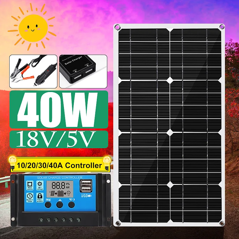 

New 40W Double USB solar panel With 10/20/30/40/50A Dual USB Solar Panel Regulator Controller ect for car yacht RV Lights Charge