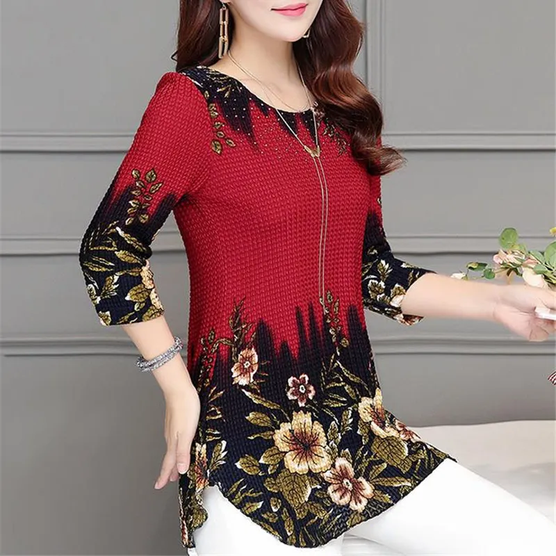  Plus Size 4XL Floral Split Women's Blouse Shirt 3/4 Sleeve Red Blue Womens Tops And Blouses 2019 Sp