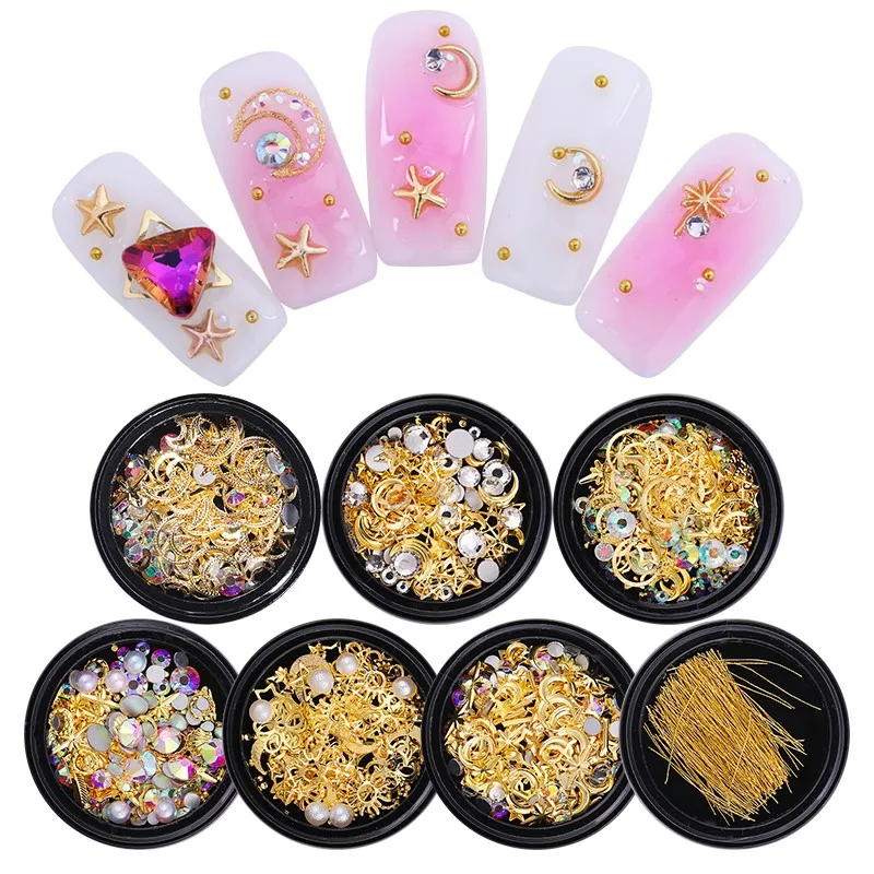 

1 Box 3D Nail Rhinestones Mixed Size Star Moon Shape Flat Bottom Rivet Studs Nail Art Decoration