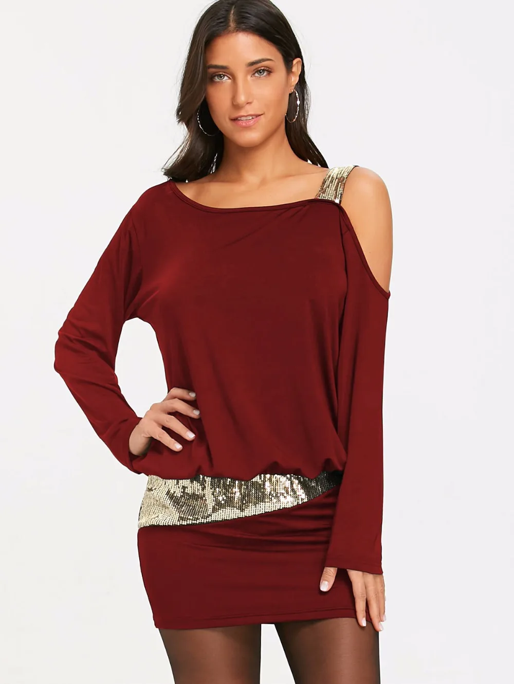 VESTLINDA Long Sleeve Sequins Cold Shoulder Blouson Dress Robe Female Casual Skew Collar Mini Bodycon Dresses Vestidos De Festa 11