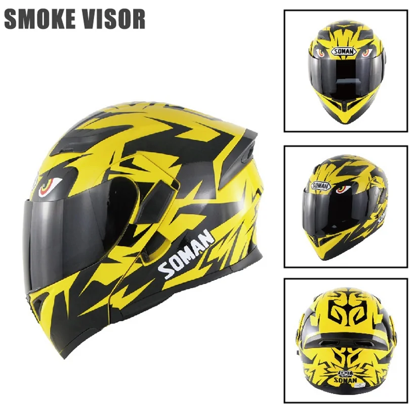 SOMAN 955 SkyEye уличные мотоциклетные шлемы анти-УФ 400 внутренний козырек модель флип-ап мотоцикл точка Мотокросс головные уборы - Цвет: yellow smoke lens