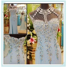 Atemberaubende Echt Bild Liebsten Bodenlangen Crystals High Side Slit Chiffon Abendkleid/Kleid/Abendkleid/Kleider 2016