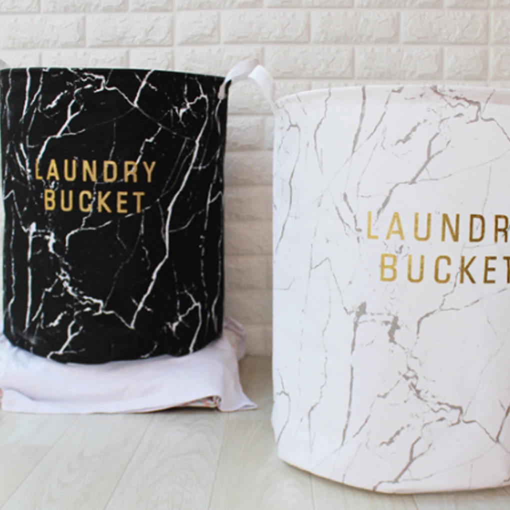 

Cotton Linen Marble Pattern Clothes Storage Bucket Waterproof Wardrobe Organizer Large Capacity Toy Round Basket