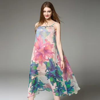 

A4ZT093 European and American 2017 boutique Women's Natural Silk Dress Suspenders Summer Print Beach Dress
