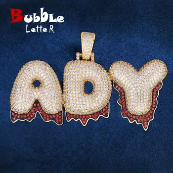 Custom Name Red Drip Bubble Letters Pendants Necklaces Men's Zircon Hip Hop Jewelry With 4MM Gold Silver Tennis Chain For Gift