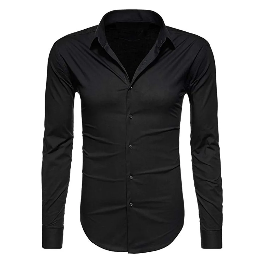 Men's Casual Long Sleeve Shirt Slim Shirt Large Size Men's Shirt Fashion Solid Color Lapel Business Or Casual Shirt Tops Blouse - Цвет: Черный