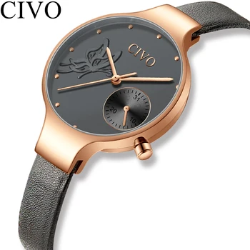 

CIVO 2019 Fashion Women Quartz Watch Lady Blue Leather Strap Business Casual Waterproof Wristwatches Gift For Wife Flower Clock