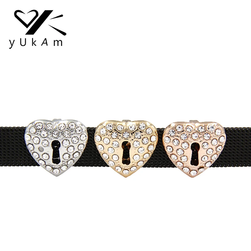 

YUKAM Silver Rose Gold Crystal Padlock Charms Heart Lock Slide Charms Keeper for Mesh Keeper Bracelet Jewelry Accessories Making
