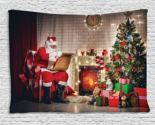 Санта гобелен старый Санта Клаус сидя дома на Рождество ночного чтения письмо возле дерева, настенный для Спальня общежития