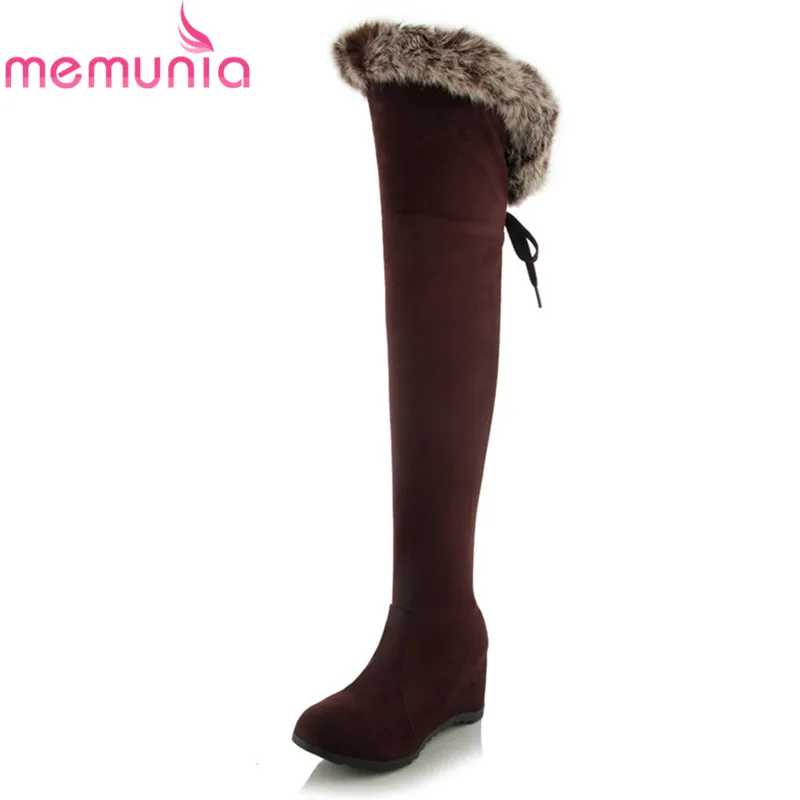 

MEMUNIA NEW arrival 2020 thigh high boots round toe height increasing heels boots with faxu fur women's winter long boots