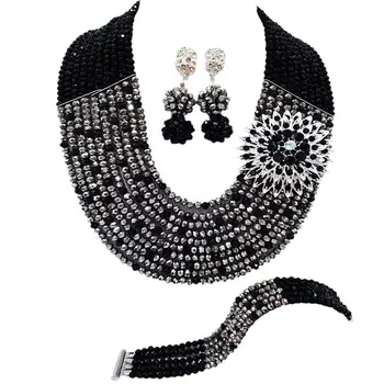 

Black Silver Crystal Beaded Multi Strands Statement Necklace Nigerian Wedding African Beads Jewelry Set for Women 10C-SZ24