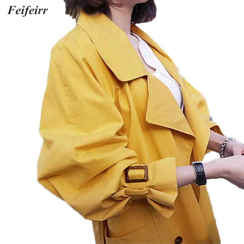 

Abrigos Spring Autumn 2019 Korean Fashion Yellow Double Breasted long Trench Coat Mujer Loose Belt large size Windbreak Outwear
