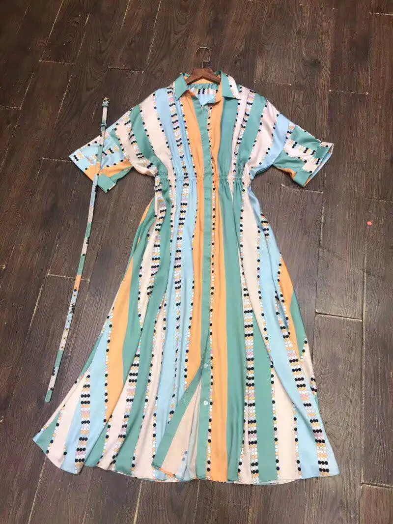 Geometric striped color block print dress 3/4 sleeve elegant belt a