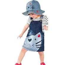 Фотография Cartoon Cat Girl Dresses Sleeveless Children Clothing Kids Girls Denim Dress vestido denim
