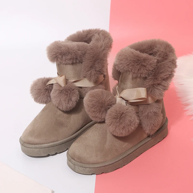 

Tangnest Cute Pom Pom Winter Snow Boots Warm Fur Inside Women Ankle Boots Soft Lace-Up Fashion Platform Flat Shoes Woman XWX7037