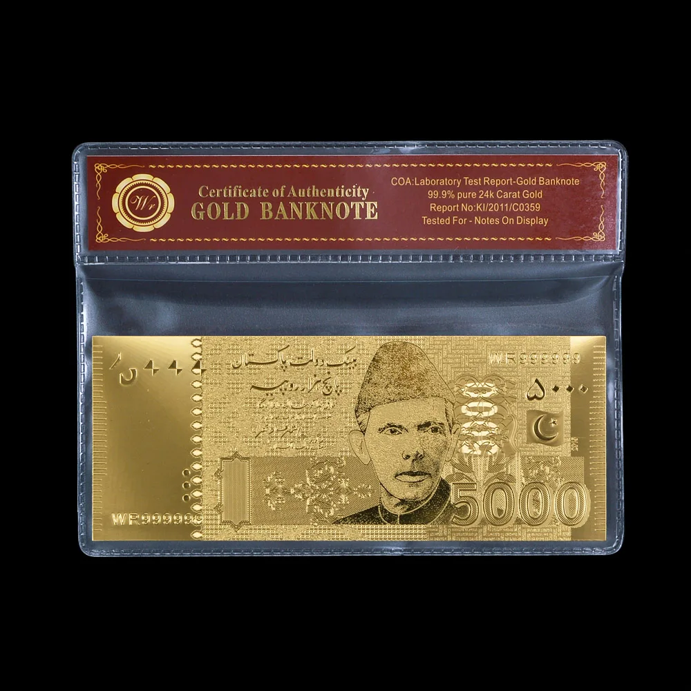 

Normal Gold Pakistan Banknote 5000 Rupee For Gold Foil With COAPVC Frame Gifts Collection