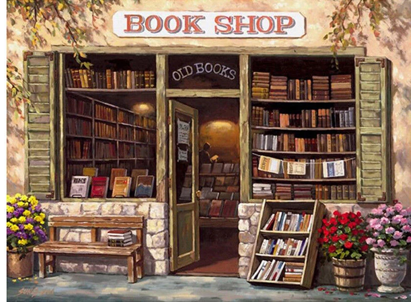 Полное сверление DIY Алмазная вышивка пейзаж маленький город книжный магазин