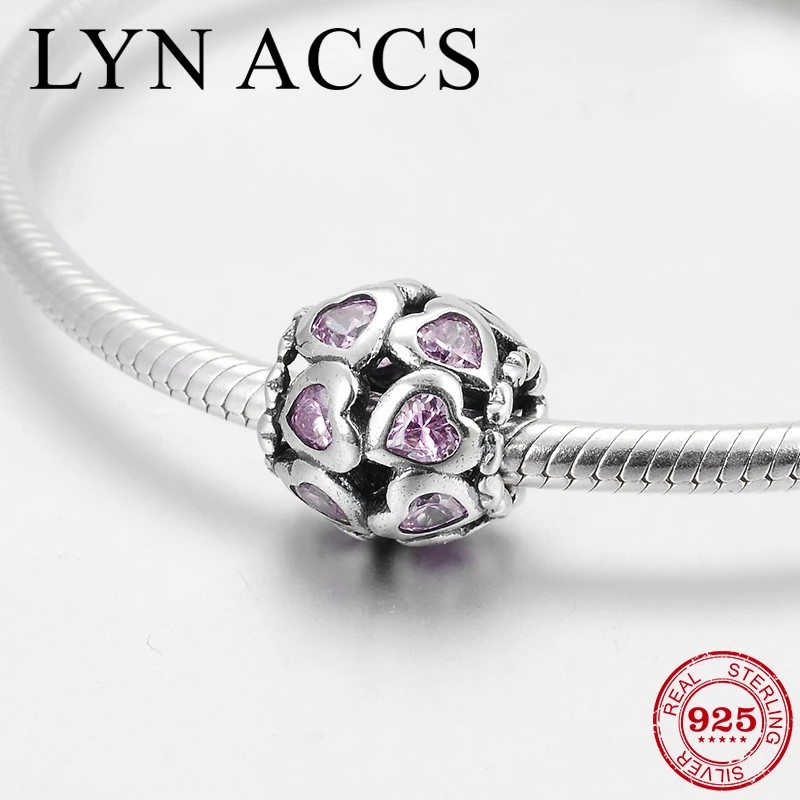

100% Authentic Hollow Sweet Love Heart 925 Sterling Silver Purple CZ fine Beads Fit Original Pandora Charms Bracelet DIY Jewelry