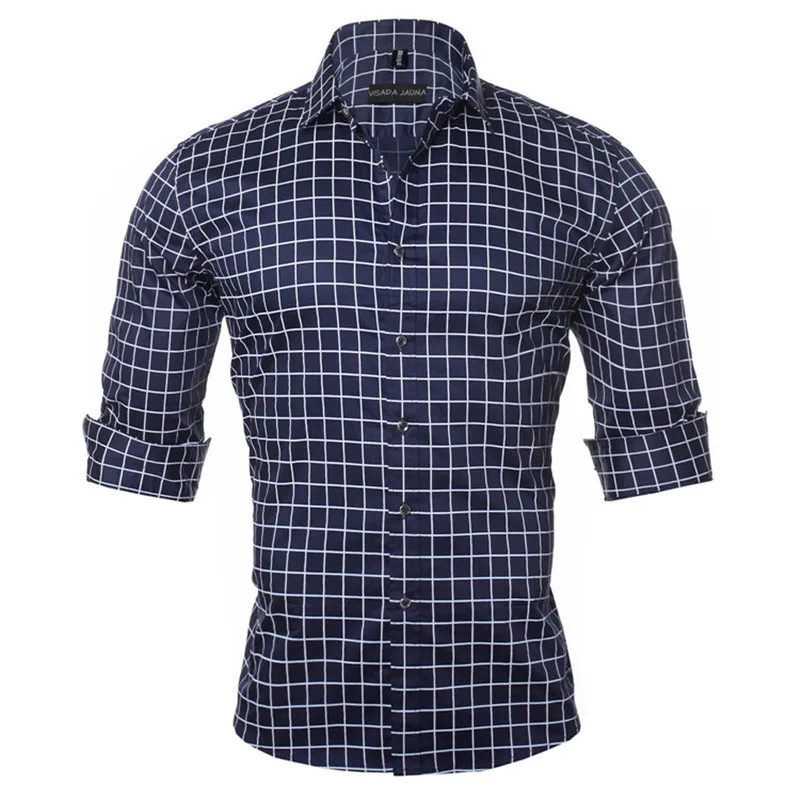 Goedkoop Visada Jauna Mannen Shirt Lange Mouw Casual Fit Sociale Slim Shirt Mannen Katoen Plaid Solid Camisas Masculina Plus Size M 5XL n1144