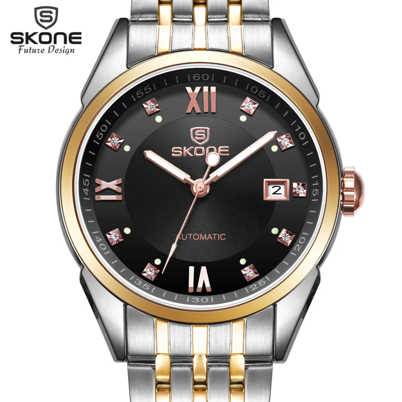 

SKONE Date Silver Gold Steel Band Automatic Mechanical Watches Men Luxury Diamond Roman Hours Business Watch relogios masculino