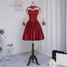 HVVLF бордовые платья для выпускного вечера ТРАПЕЦИЕВИДНОЕ ПЛАТЬЕ с высоким воротником длиной до колена Длинные рукава с аппликацией кружевные коктейльные платья