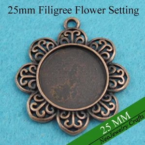 

25mm Antique Copper Filigree Flower Blank Pendant Tray, Blank Pendant Setting, Cameo Settings