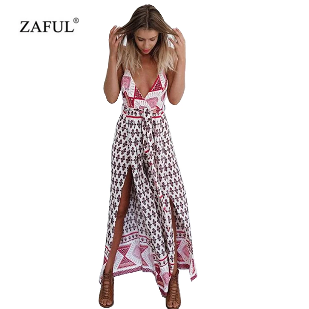 Bohemian Beach Maxi Dress Sleeveless Floral Print Split Dresses For Women Bohemian Beach Maxi Dress Sleeveless Floral Print Split Dresses For Women