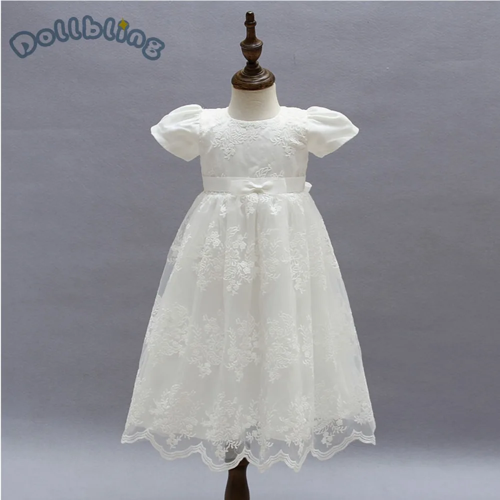 

New Lace Baby Girls Long Dresses Newborn Baby Pure White Bow-Knot Princess Dress Cute Infant Mesh Birthday Wedding Clothing Wear