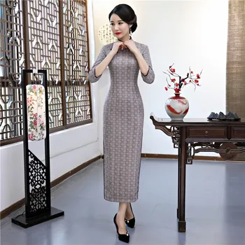 

Chinese Style Women Mandarin Collar Cheongsam Slim Cotton Long Qipao Tradational Classic High Quality Evening Dress Oversize 4XL