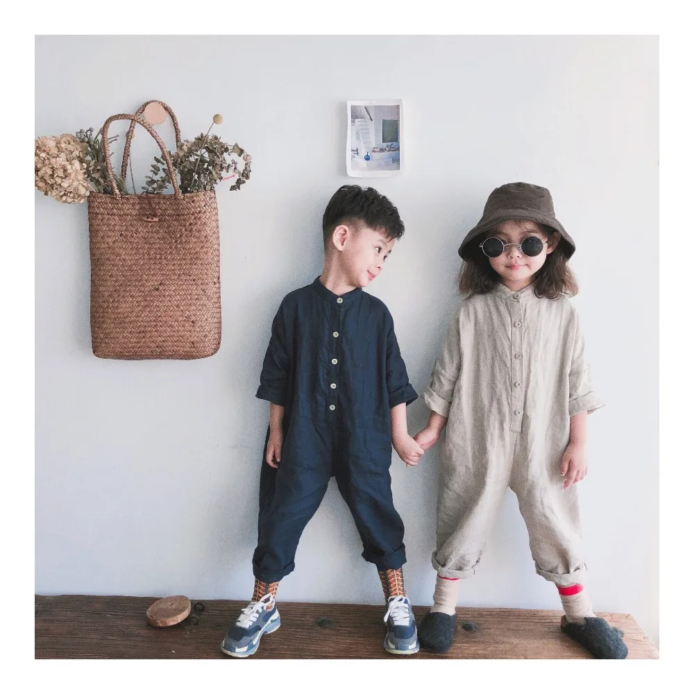 

Spring Unisex Kids Overalls Cotton Linen Loose Trousers Korean Style Baby Boys Girls Jumpsuits Children Clothes