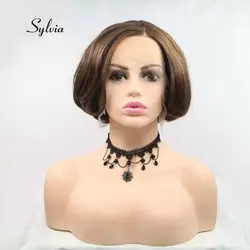 Sylvia коричневый смешанные цвета синтетические короткие прямые парики фронта шнурка термостойкие волокна короткие волосы парики для женщин