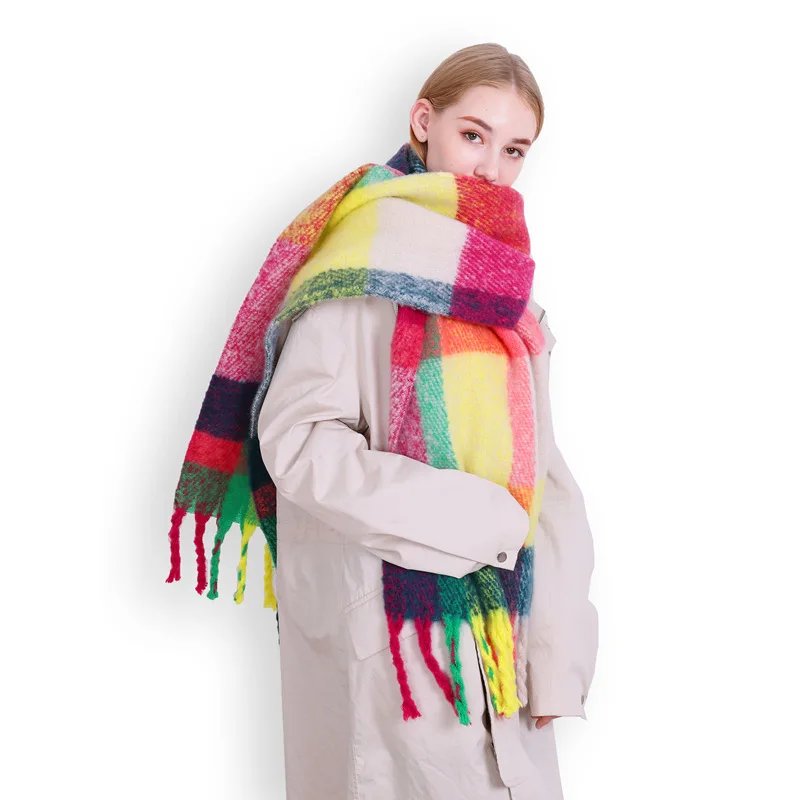 Günstig Multi farbe winter frauen kaschmir chuncky schal überprüfen schal decke oversize designer wraps foulard femme LL181047