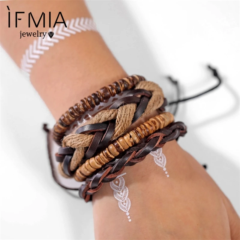 

IFMIA wooden beads multi-layer leather bracelet men's and women's vintage woven rope bracelet set ethnic jewelry handmade
