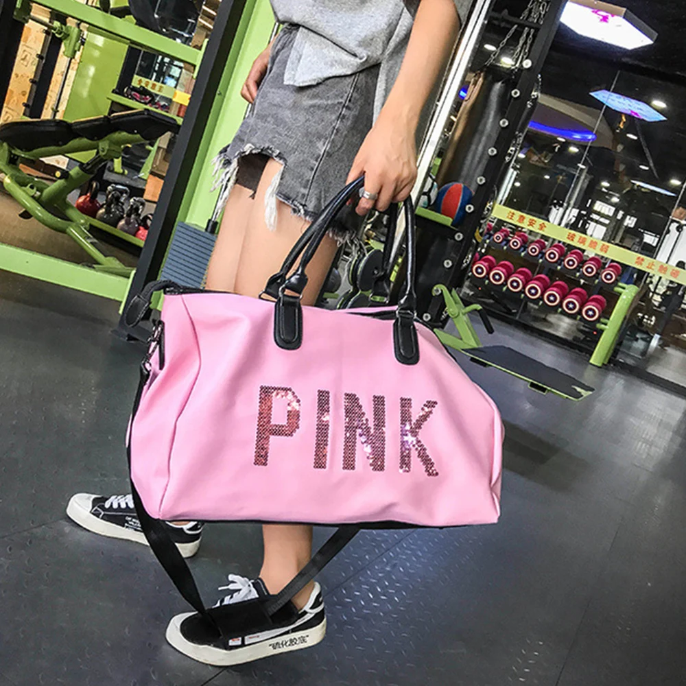 2019 Wobag Ladies Black Travel Bag Pink Sequins Shoulder Bag Women Handbag Ladies Weekend Portable Duffel Bag Waterproof Wash22