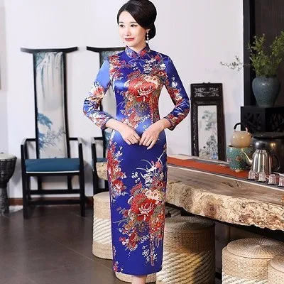 SHENG COCO китайское традиционное платье Cheongsam Qipao с длинным рукавом женское темно-синее длинное вечернее Ципао Drees размера плюс 6XL - Цвет: Синий