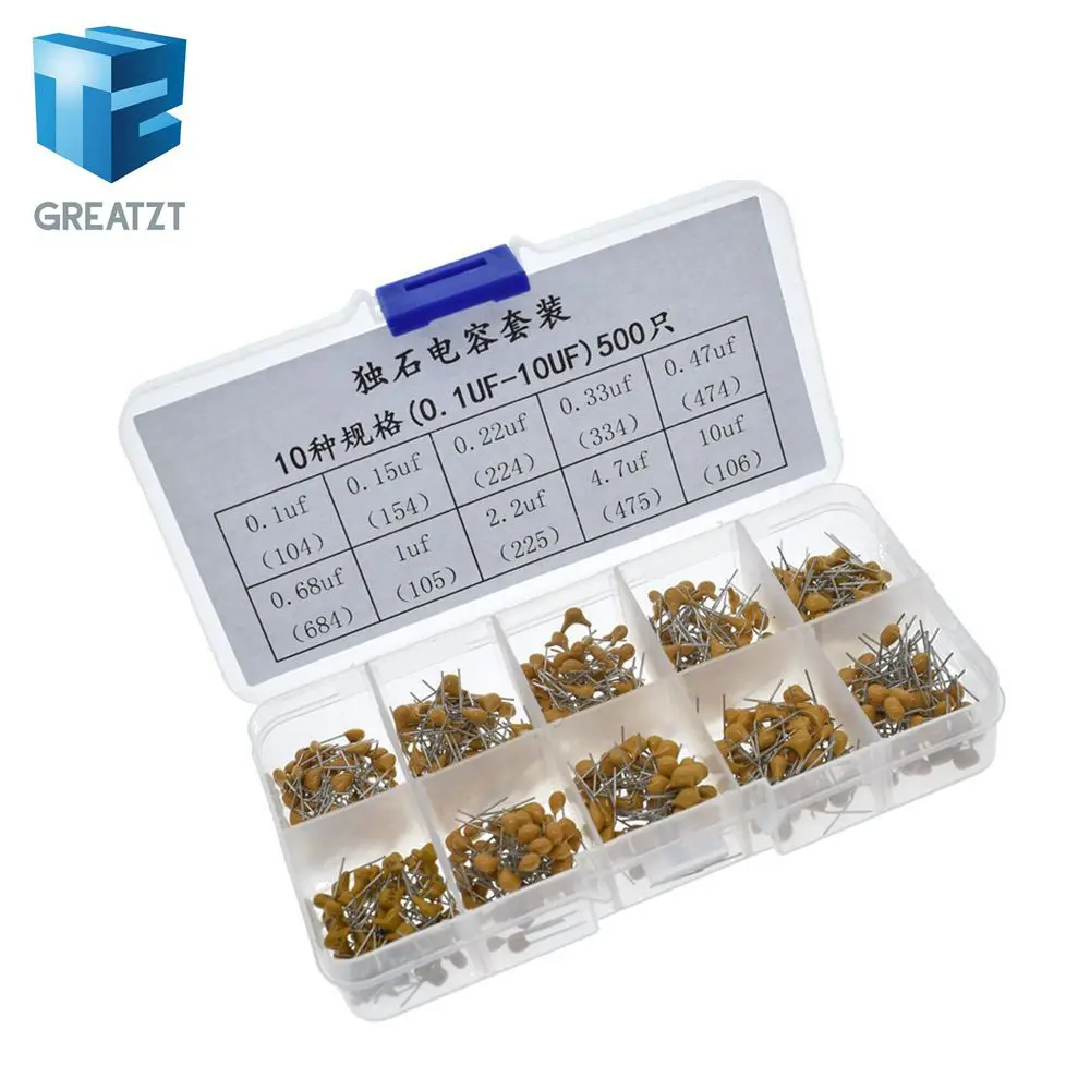 

500pcs/lot 10Values*50pcs 0.1uF-10uF(104~106) 50V Multilayer Ceramic Capacitors Assorted Kit Assortment Set with Storage Box