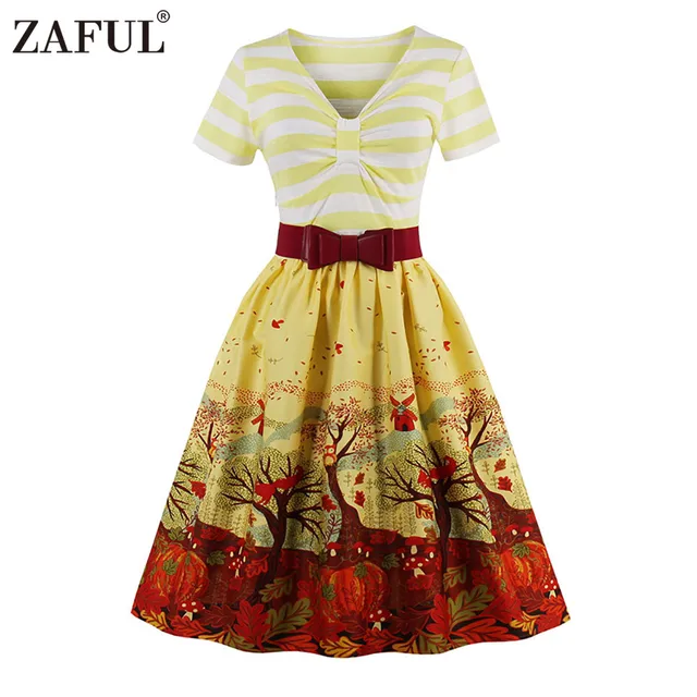 ZAFUL Марка 2017 Vintage V Шеи печати Женщины Dress Ретро Feminino Vestidos Халат Рокабилли Хепберн 50 s Туника платья Плюс размер