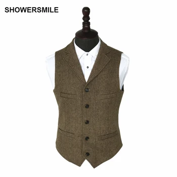 SHOWERSMILE Vintage Tweed Vest Herringbone Striped Suit Vest Light Brown Waistcoat Vest Slim Fit Sleeveless Jacket Gilet Homme showersmile mens double breasted vest suit black dress waistcoat for men slim fit sleeveless jacket male spring autumn gilet