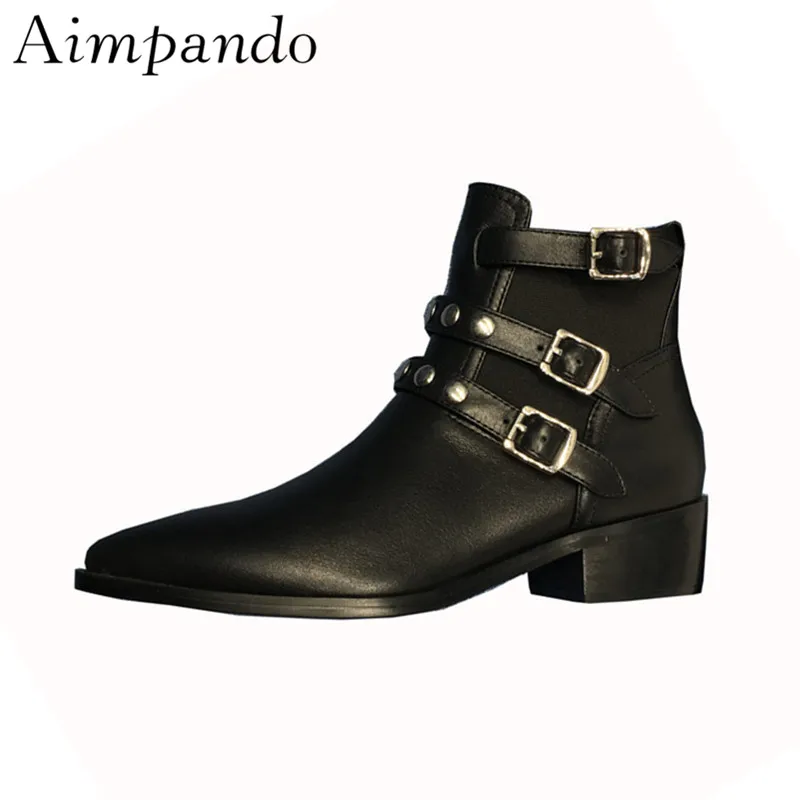 

High Quality Leather Martin Boots Studded Buckle With Rivet Square Thick Heel Elastic Band Ankle Boots Women