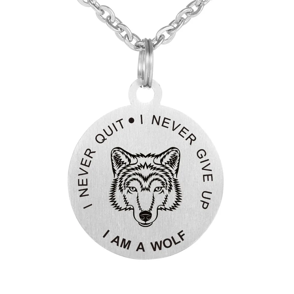

I NEVER QUIT I NEVER GIVE UP I AM A WOLF Stainless Steel Hand imprint Inspirational Pendant Necklace Christmas Gift Jewelry