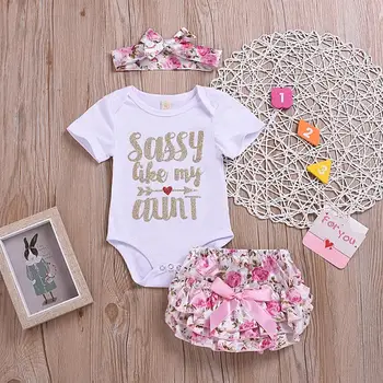 

Toddler Baby Girl Clothes Short Sleeve Letter Arrow Romper+Shorts+Headbands 3PC Toddler Summer Outfit Set