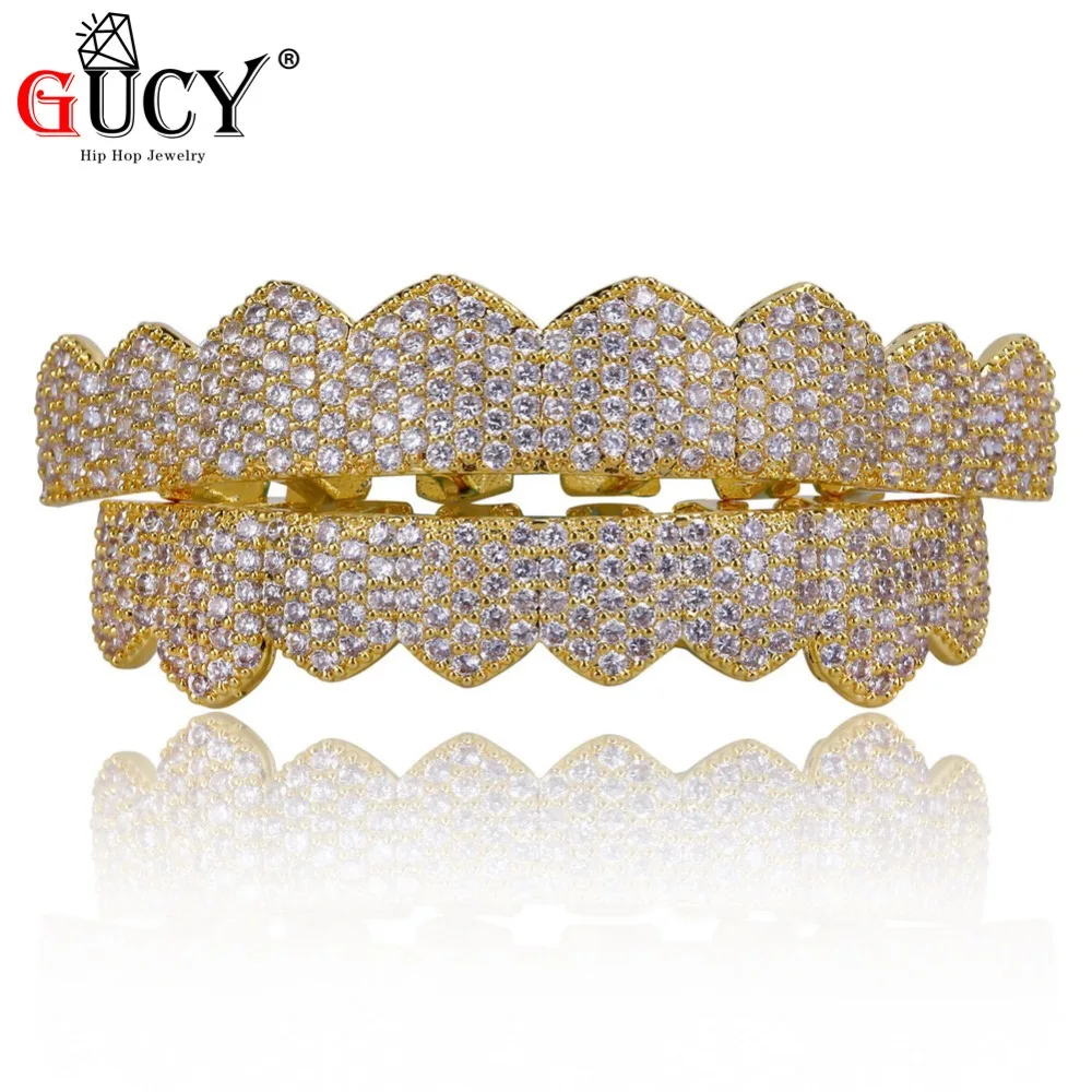

GUCY Custom Fit Gold Silver Color All Iced Out Hip Hop Teeth Grillz Micro Pave Cubic Zircon Eight Top & Bottom Teeth Grills Set